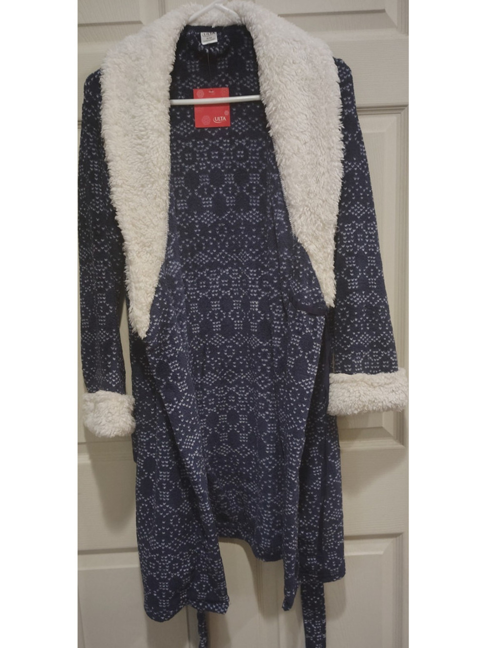 ULTA Beauty Women's Sherpa Fleece Robe Navy White Geometric S/M Belted
